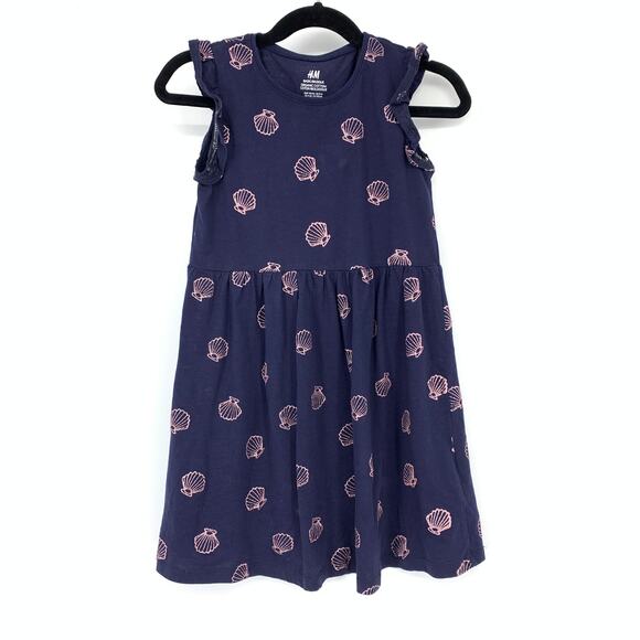 H&M Ruffle Sleeve A-Line Dress Girls 5T/6 Navy Pink Shell Print Organic Cotton - Picture 1 of 6